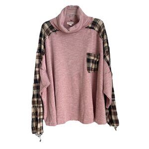 POL Pink Plaid Patchwork Turtleneck Tunic Boutique Boho Oversized
